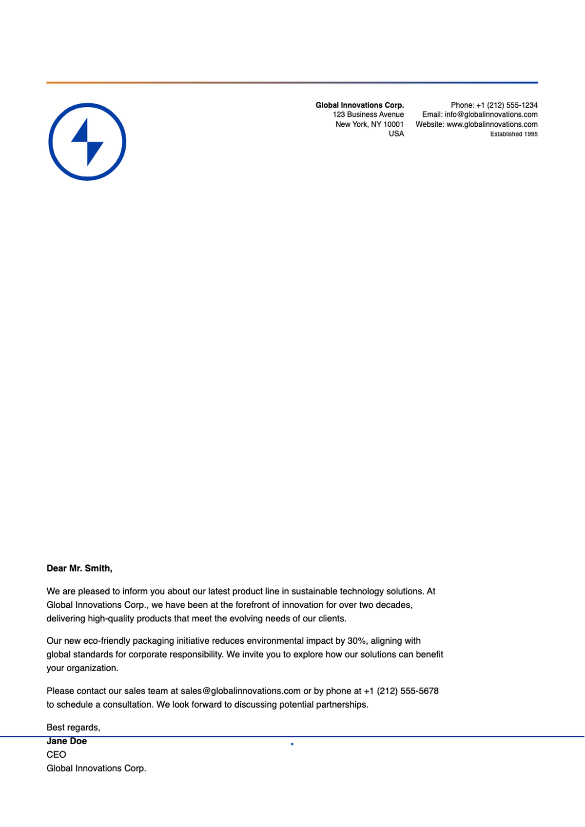 Corporate letterhead with blue and orange accents and crown logo_variant_1